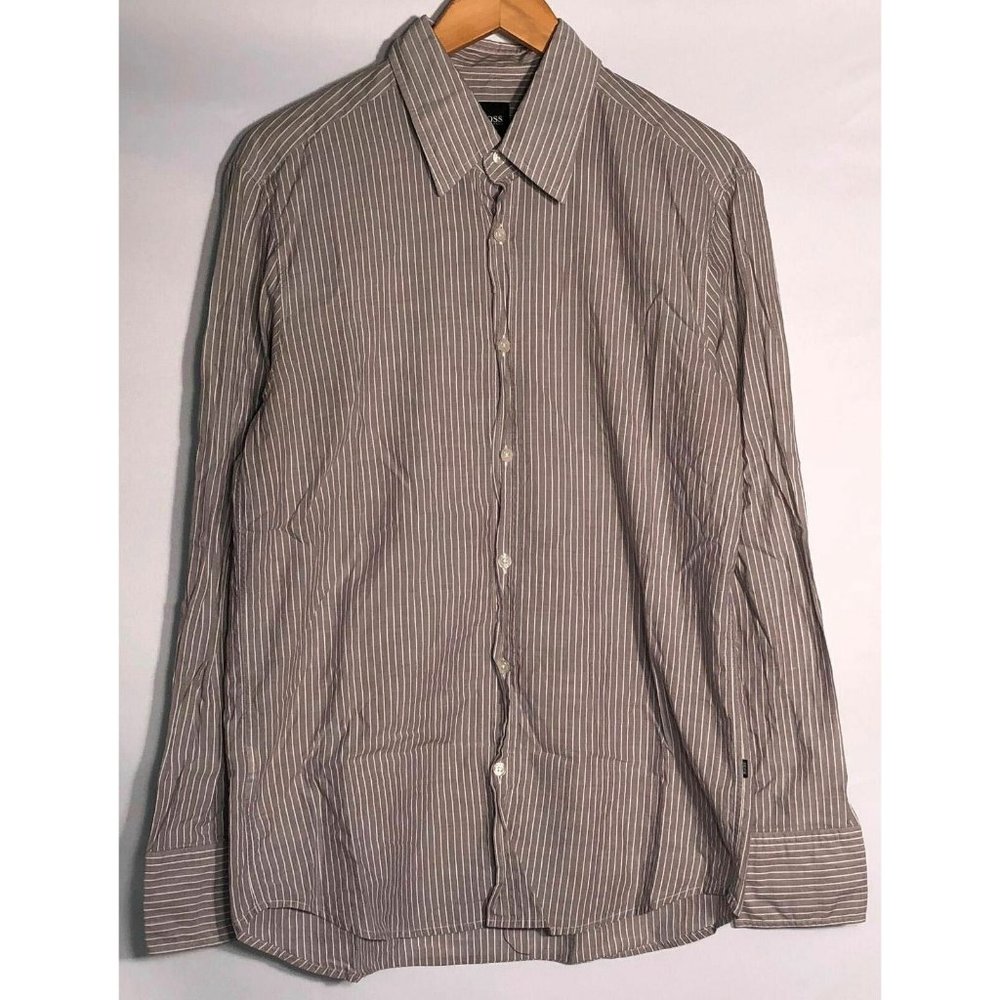 Hugo Boss Shirt Mens Size Large L Button Front Fitted Grey‎ and White Striped